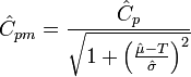 \hat{C}_{pm} = \frac{ \hat{C}_p } { \sqrt{ 1 + \left ( \frac{\hat{\mu} - T} {\hat{\sigma}} \right )^2 } }